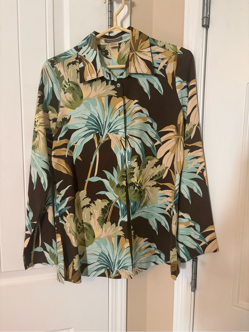 Tommy Bahama Brown Tropical Print Button-Up Blouse with Teal and Olive